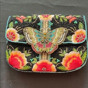 Mary Frances Black Beaded Clutch with Butterfly and Floral Design